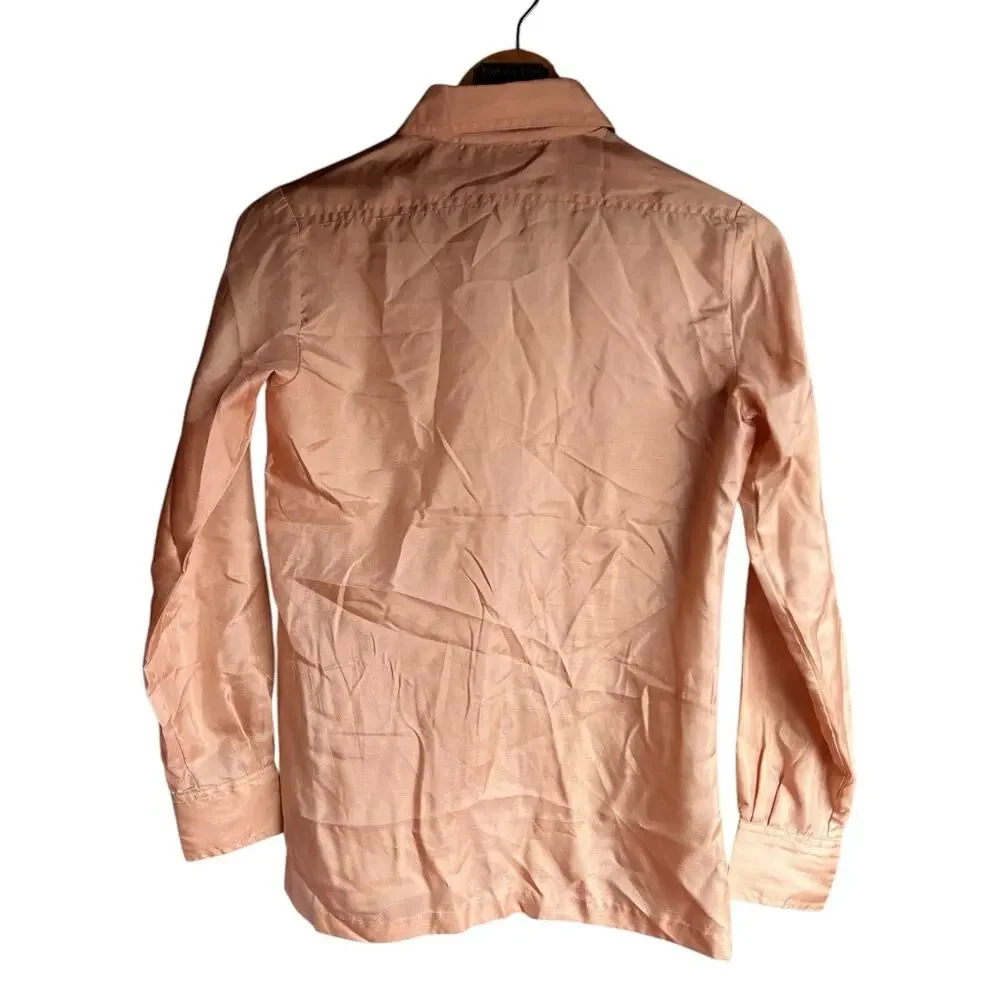 Vintage Oscar De La Renta Tan Semi Sheer Blouse Button Down Size 8 Satin Poly